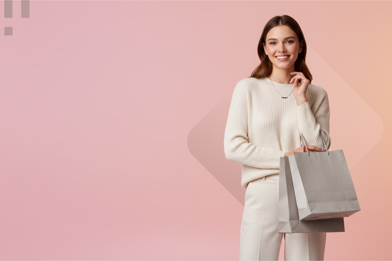 Create a clean, modern ecommerce hero banner with a bold promotional layout. Use soft pastel or warm gradient background colors. Include a stylish young woman holding shopping bags, smiling confidently.  Keep the design minimal, balanced, and high-contrast. Use professional lighting, clean shadows, and a high-end commercial look. Wide horizontal composition for website header  No watermark, no brand names. 